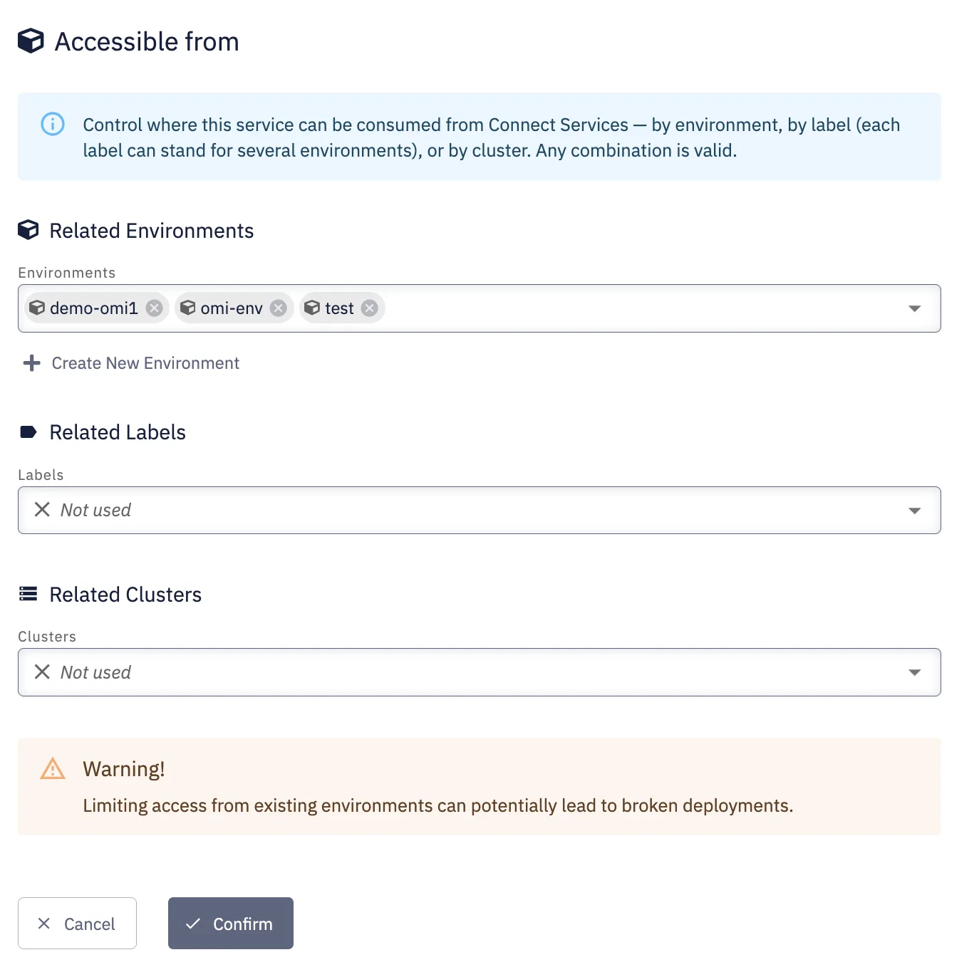 "Where can this service be used" section on a service detail page, showing the Environments, Labels, and Clusters axes