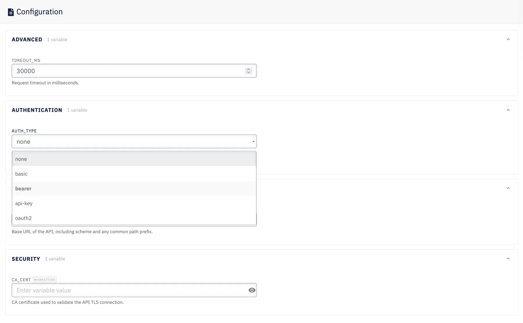 Connected Service configuration form showing a dropdown field instead of free text
