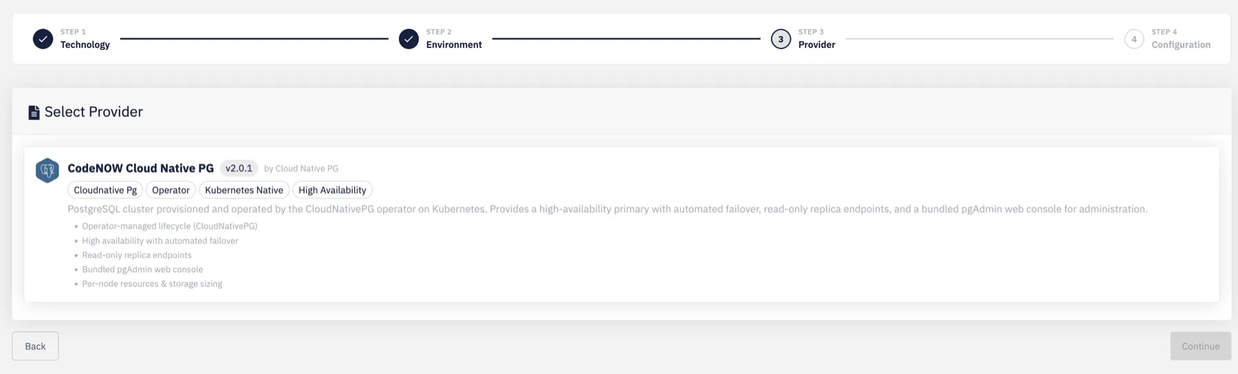 Provider selection step of the wizard, with vendor, features, tags, and a recommended provider highlighted