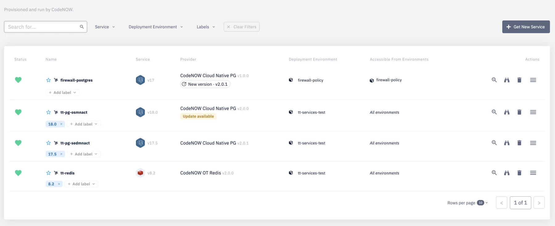 Hosted Services list showing an update-available badge on an instance